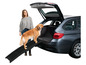 Une femme aide son chien à monter dans une voiture avec une rampe pliable.