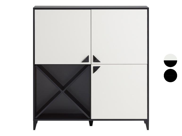 Meuble de rangement noir et blanc avec compartiments et casiers à bouteilles.
