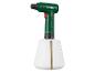 Pulvérisateur électrique vert avec réservoir de liquide blanc et bouton rouge.