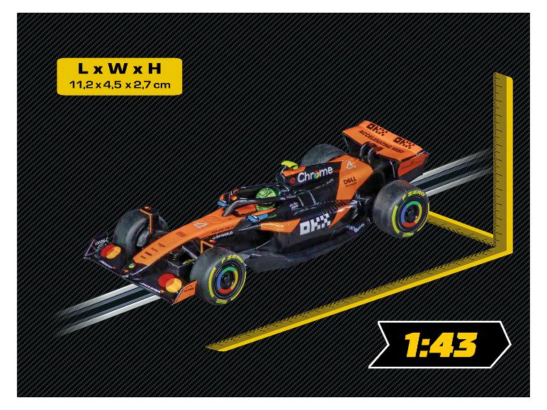 Voiture de circuit Carrera McLaren MCL39 L. Norris à l'échelle 1:43, dimensions 11,2 x 4,5 x 2,7 cm.