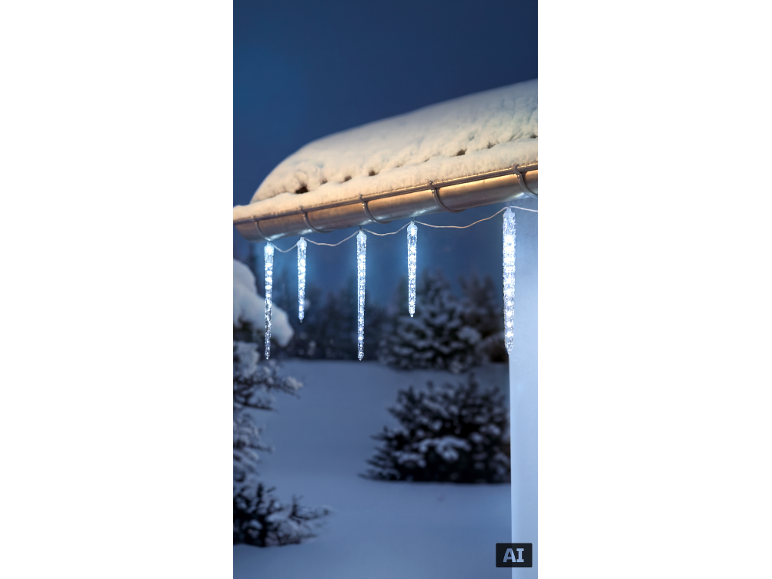 Guirlande lumineuse de Noël à LED en forme de glaçons suspendue à une gouttière enneigée.