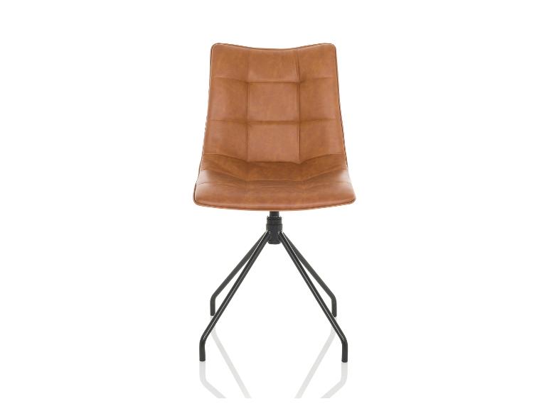 Chaise rembourrée marron avec pieds en métal noir et base pivotante.