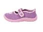 Chaussons violets pour enfants avec semelle et bride roses, décorés d'une licorne et d'un cœur.