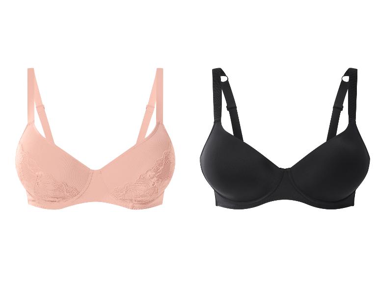 Deux soutiens-gorge : un pêche avec de la dentelle, un noir uni.