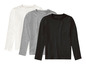 Trois t-shirts basiques à manches longues en blanc, gris et noir.