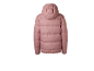 Vue arrière d'une doudoune rose avec capuche.