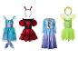 Quatre déguisements pour enfants: sirène, coccinelle, princesse bleue et fée verte.