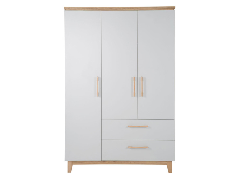 Une armoire blanche avec deux portes et deux tiroirs.