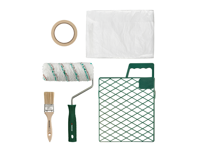 Kit de peinture avec rouleau, pinceau, ruban adhésif, bâche de protection et grille.