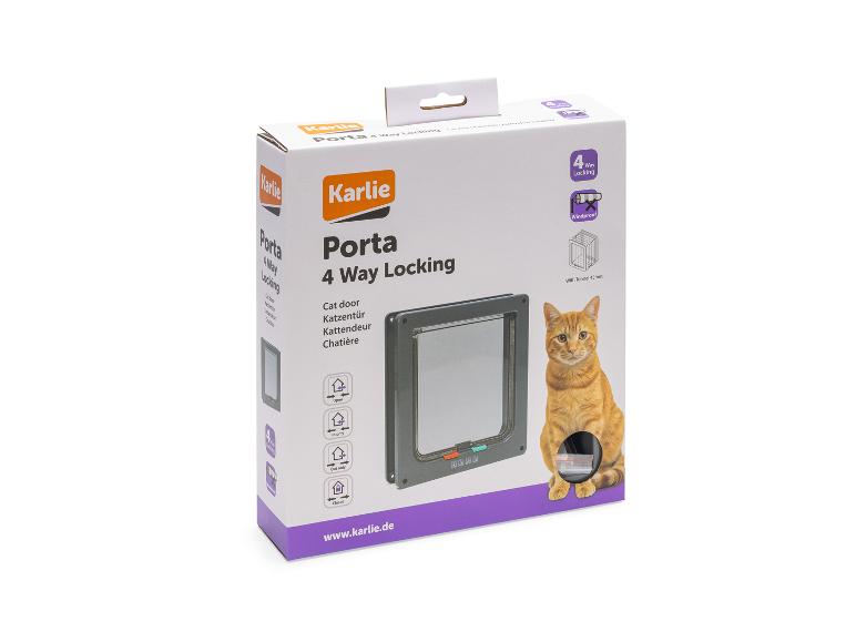 Boîte de chatière avec verrouillage 4 voies, avec un chat roux à côté.