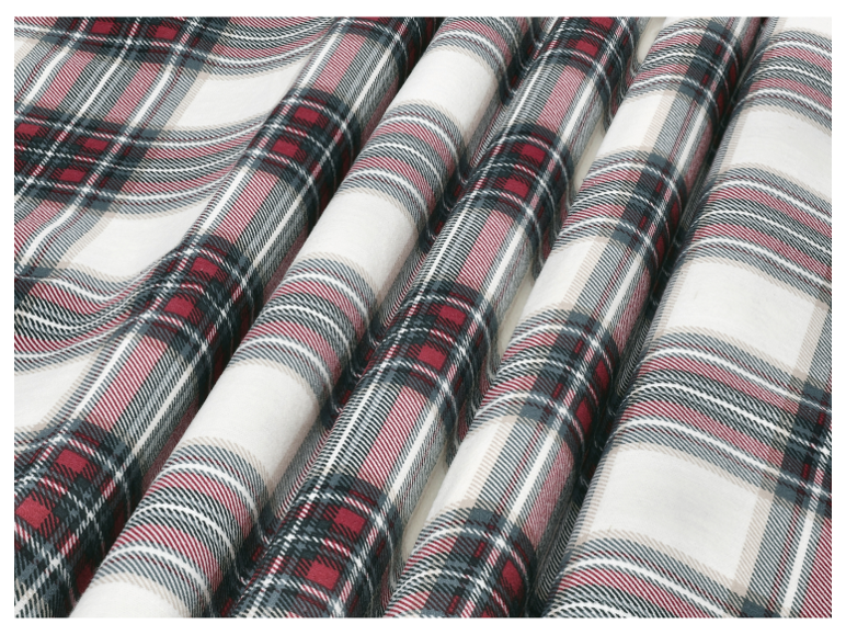 Tissu en flanelle douce à motif écossais rouge, gris et blanc.