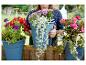 Femme tenant une jardinière bleue avec diverses fleurs colorées, entourée d'autres jardinières.