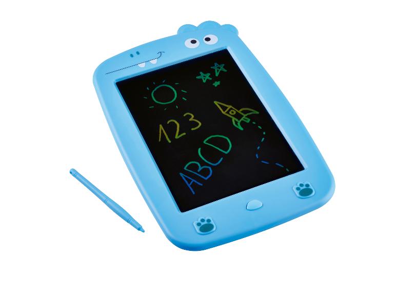 Tablette de dessin bleue sur le thème des monstres avec un stylet, montrant un soleil, des étoiles, une fusée, des chiffres et des lettres.