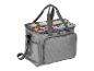Sac de tricot gris avec couvercle transparent et fils colorés à l'intérieur.