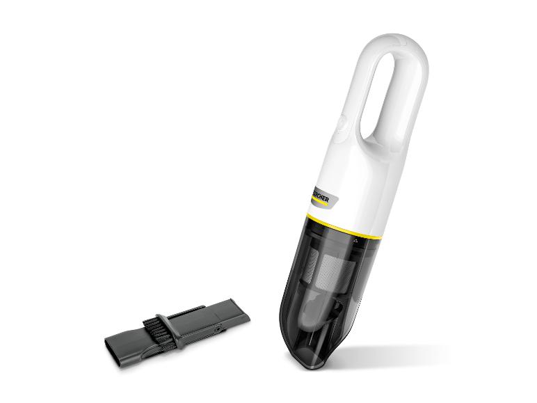 Aspirateur à main blanc avec un réservoir transparent et une brosse.