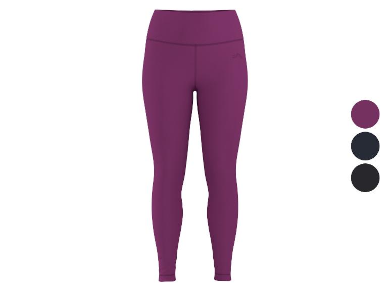 Legging de sport violet taille haute, également disponible en bleu marine et noir.