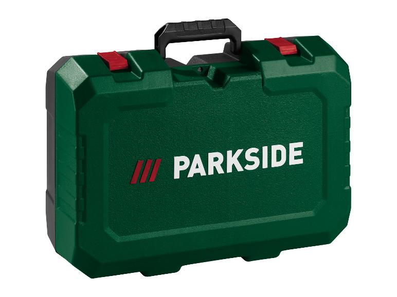Une mallette à outils verte Parkside avec des loquets rouges et une poignée noire.