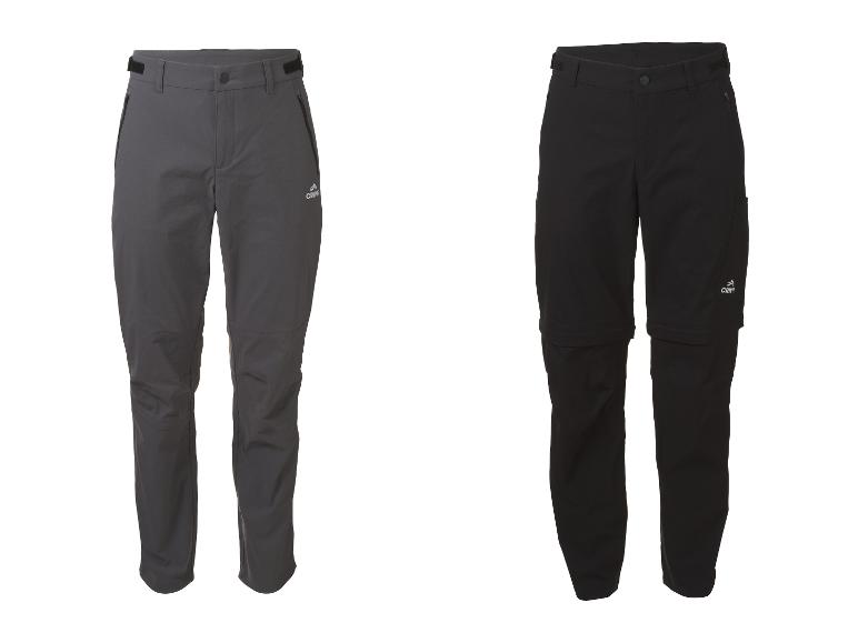 Deux pantalons d'extérieur pour hommes, un gris et un noir, avec jambes zippées.