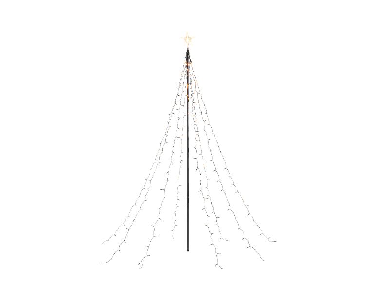 Sapin de Noël lumineux avec une étoile au sommet, sur fond noir.