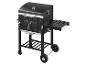 Barbecue à charbon Grillmeister noir avec couvercle, thermomètre et roues.