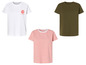 Trois t-shirts: un blanc avec un imprimé, un rayé et un vert.