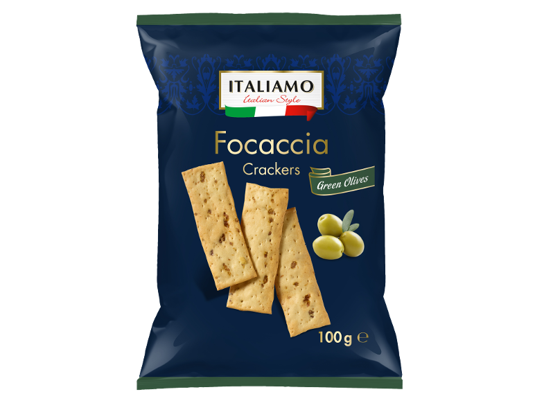Paquet de crackers focaccia aux olives vertes, 100 g.