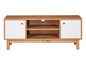 Un meuble TV en bois avec deux portes et une étagère ouverte.