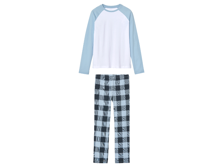 Pyjama manches longues avec haut blanc et pantalon à carreaux bleu et noir.