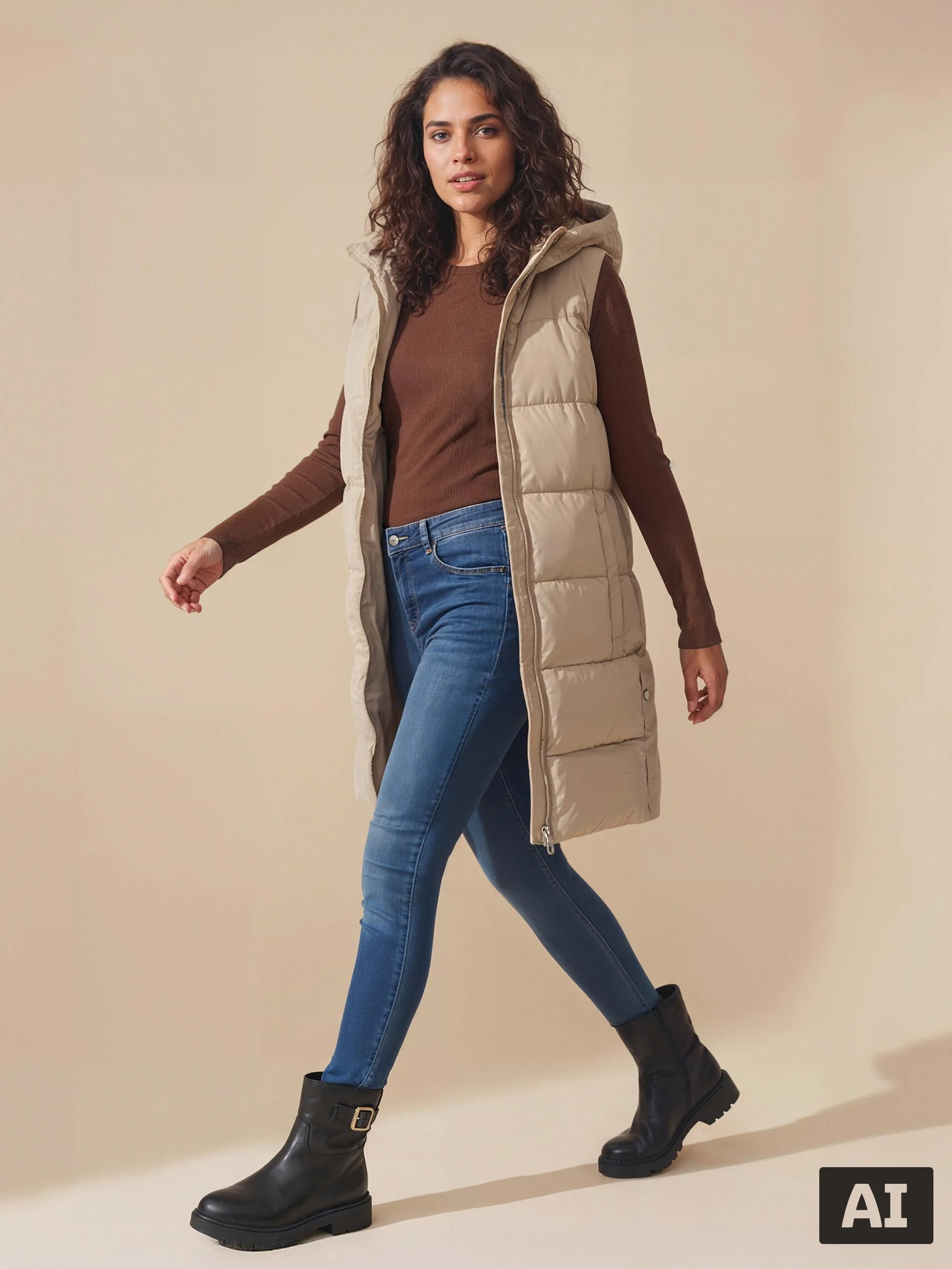 Femme portant un long gilet sans manches beige, un haut marron, un jean et des bottes noires.