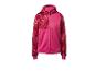 Veste à capuche rose et rouge à motifs avec fermeture éclair et poches.
