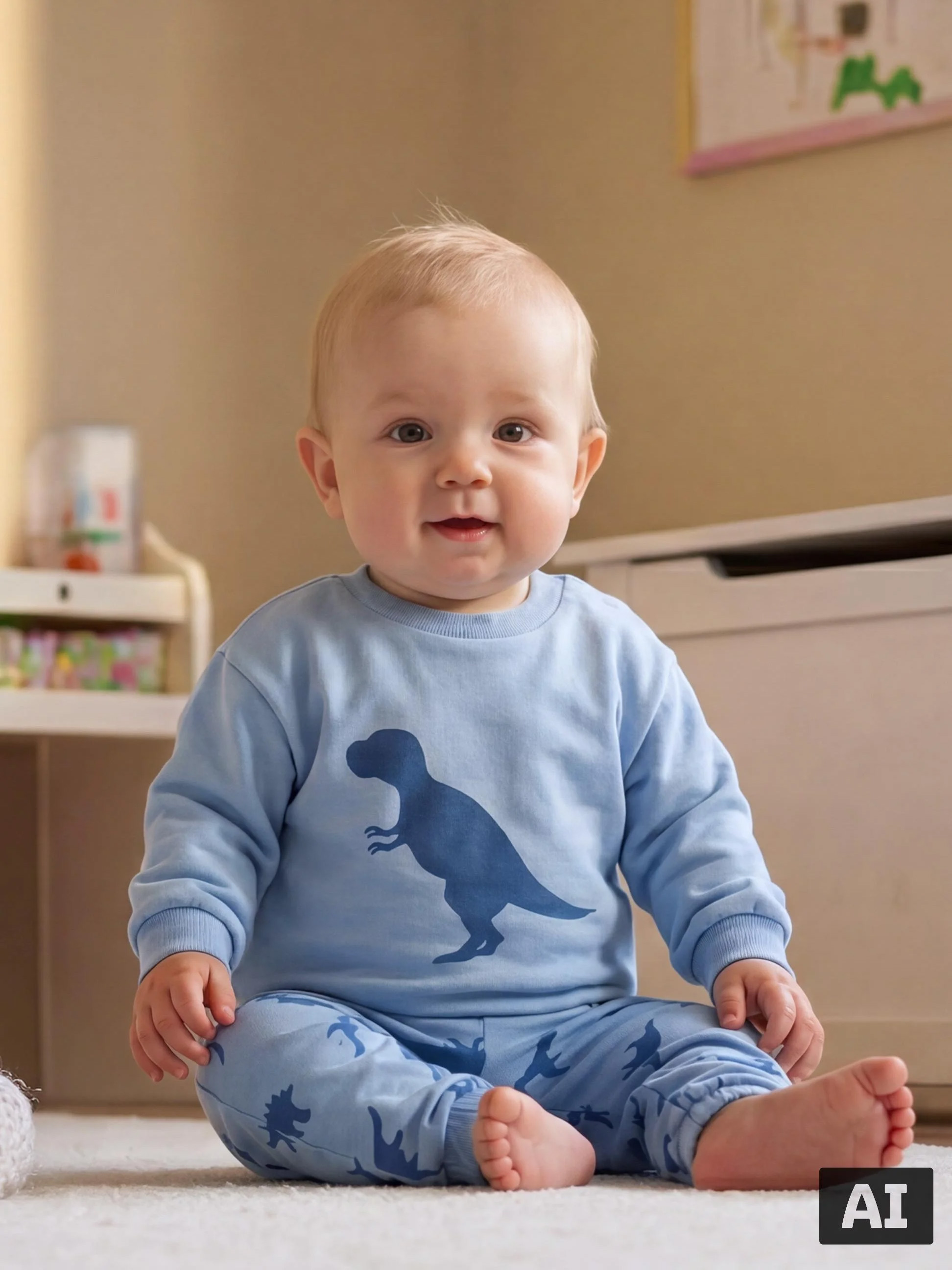 Bébé en pyjama bleu dinosaure assis par terre