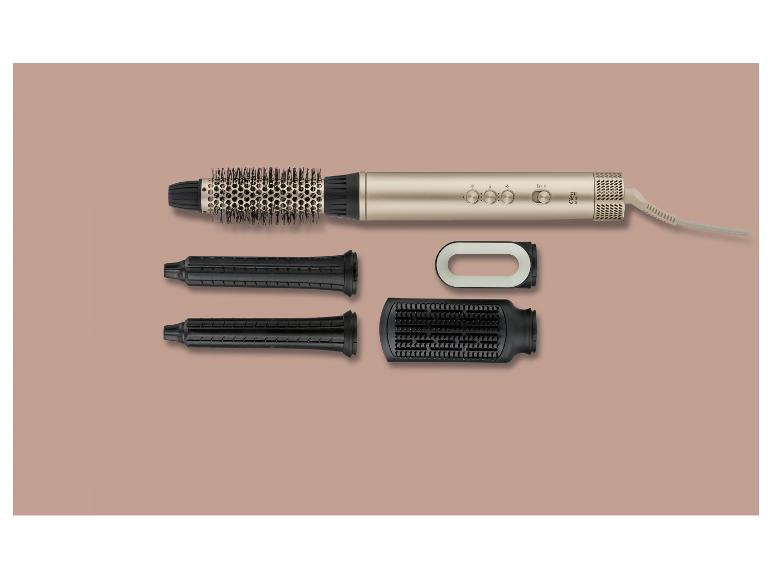 Brosse soufflante dorée Cien Beauty avec trois accessoires interchangeables et un support.