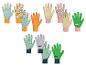 Gants de jardin avec imprimé fruits et fleurs, gants unis orange et vert.