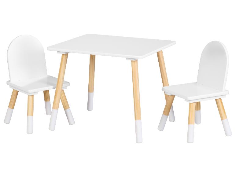 Table et deux chaises blanches pour enfants avec pieds en bois clair