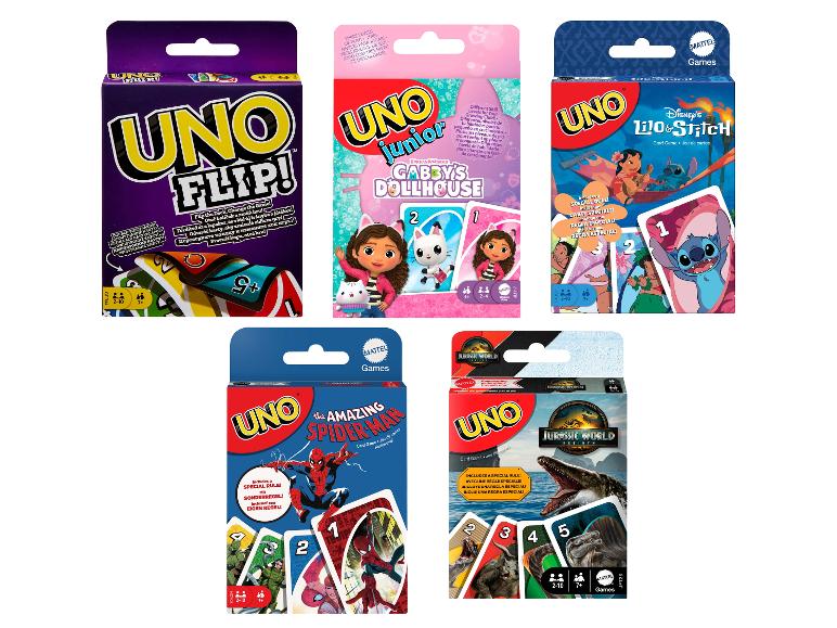 Cinq jeux de cartes UNO différents, dont Flip, Junior Gabby's Dollhouse, Lilo & Stitch, Spider-Man et Jurassic World.