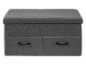 Banc de rangement gris avec deux tiroirs et poignées noires.