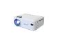 Projecteur vidéo compact blanc avec ports de connexion et objectif éclairé.