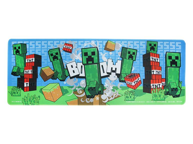 Tapis de bureau sur le thème de Minecraft avec des Creepers, des blocs de TNT et le mot 'BOOM'.