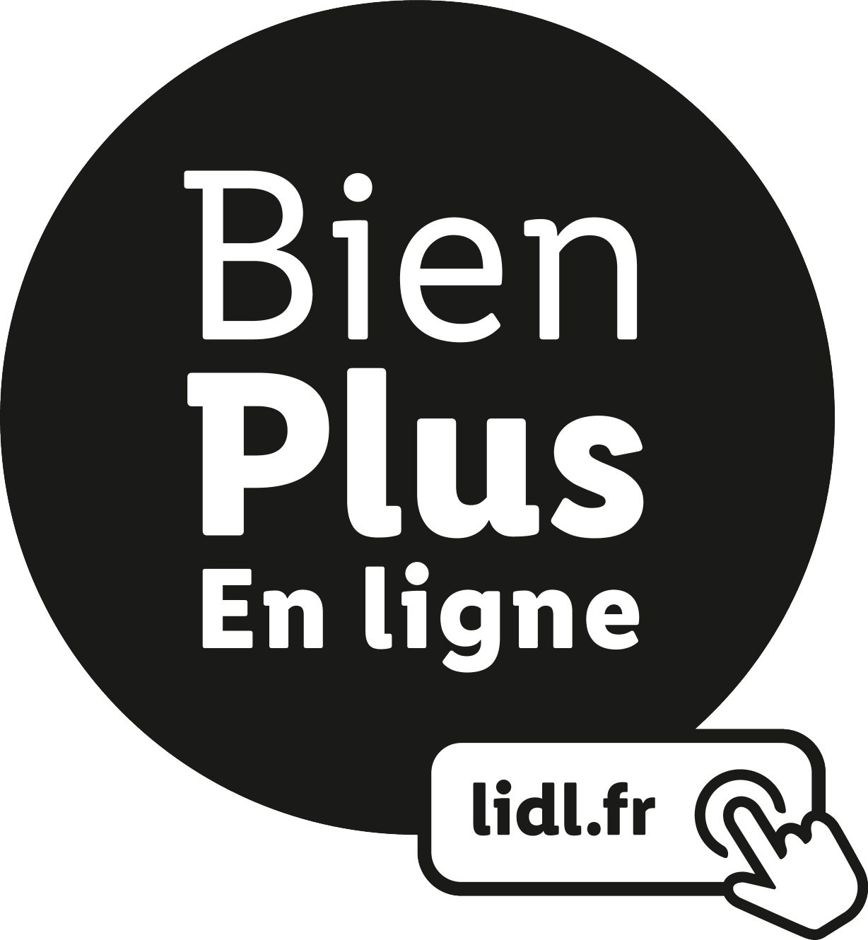 Sceau avec le texte « Bien Plus En ligne » et « lidl.fr » avec une icône de clic de souris.