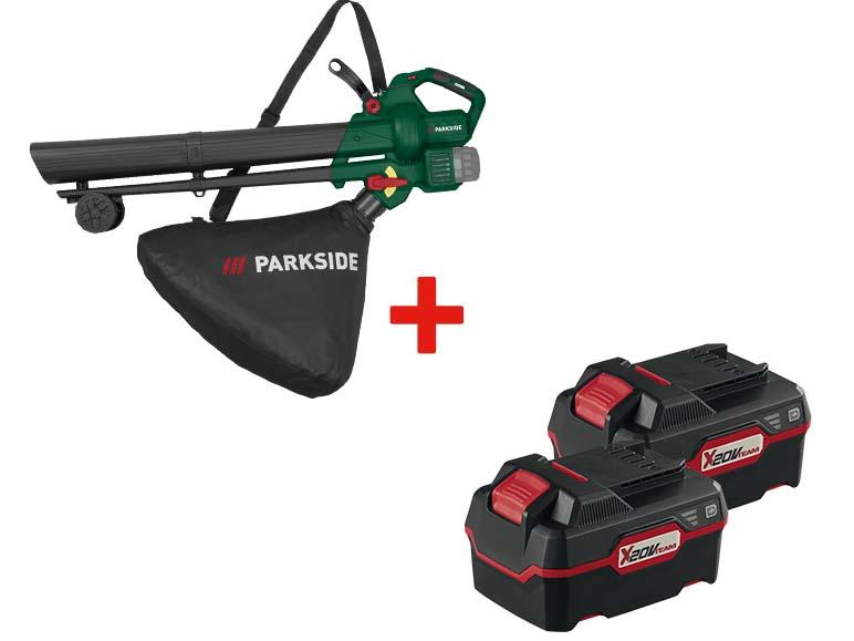 Souffleur de feuilles Parkside avec sac de collecte et deux batteries X20V Team.