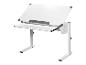 Bureau d'étude blanc réglable en hauteur avec plateau inclinable et règle intégrée.