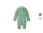 Grenouillère bébé en velours vert avec broderie dinosaure.