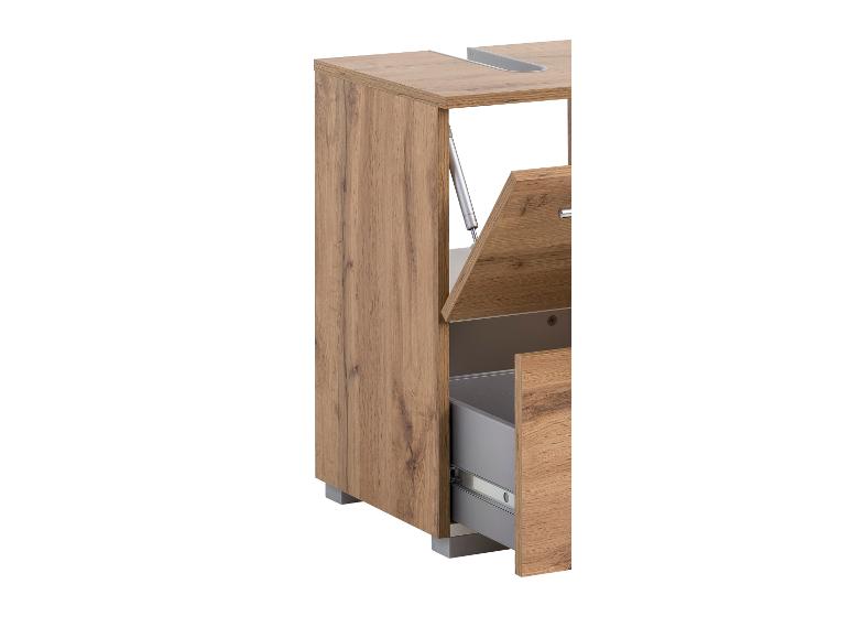Meuble de salle de bain en bois avec tiroir ouvert et compartiment supérieur basculant.