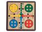 Un plateau de jeu en bois avec des pions de couleur et une roulette centrale.