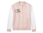 Une veste bomber rose avec des manches blanches et un imprimé 'New York Brooklyn'.