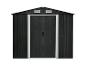 Un abri de jardin en métal foncé avec un toit en pente et des portes doubles.
