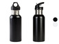 Deux bouteilles d'eau noires avec des bouchons différents.