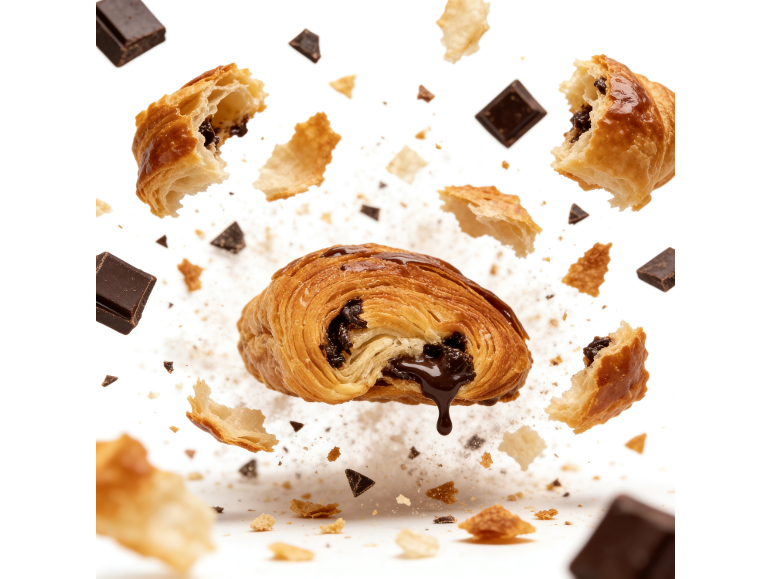 Pain au chocolat explosant avec des morceaux de pâte et de chocolat flottants.