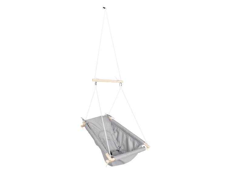 Balançoire suspendue pour bébé en tissu gris avec barres en bois et cordes blanches