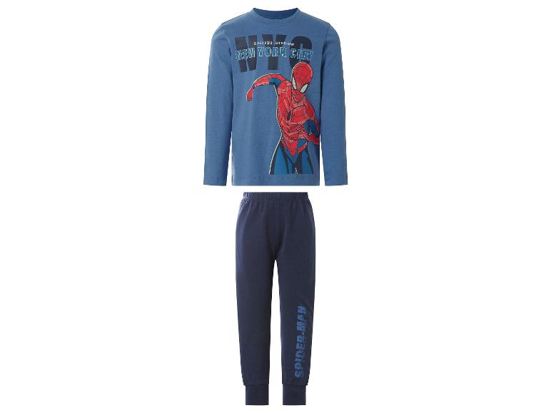 Pyjama garçon : t-shirt bleu à manches longues avec motif Spider-Man et pantalon bleu foncé.